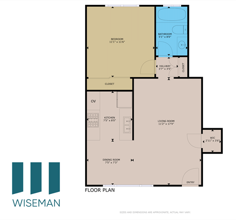 A floor plan for a home with a bedroom, bathroom, living room, kitchen, and closet.